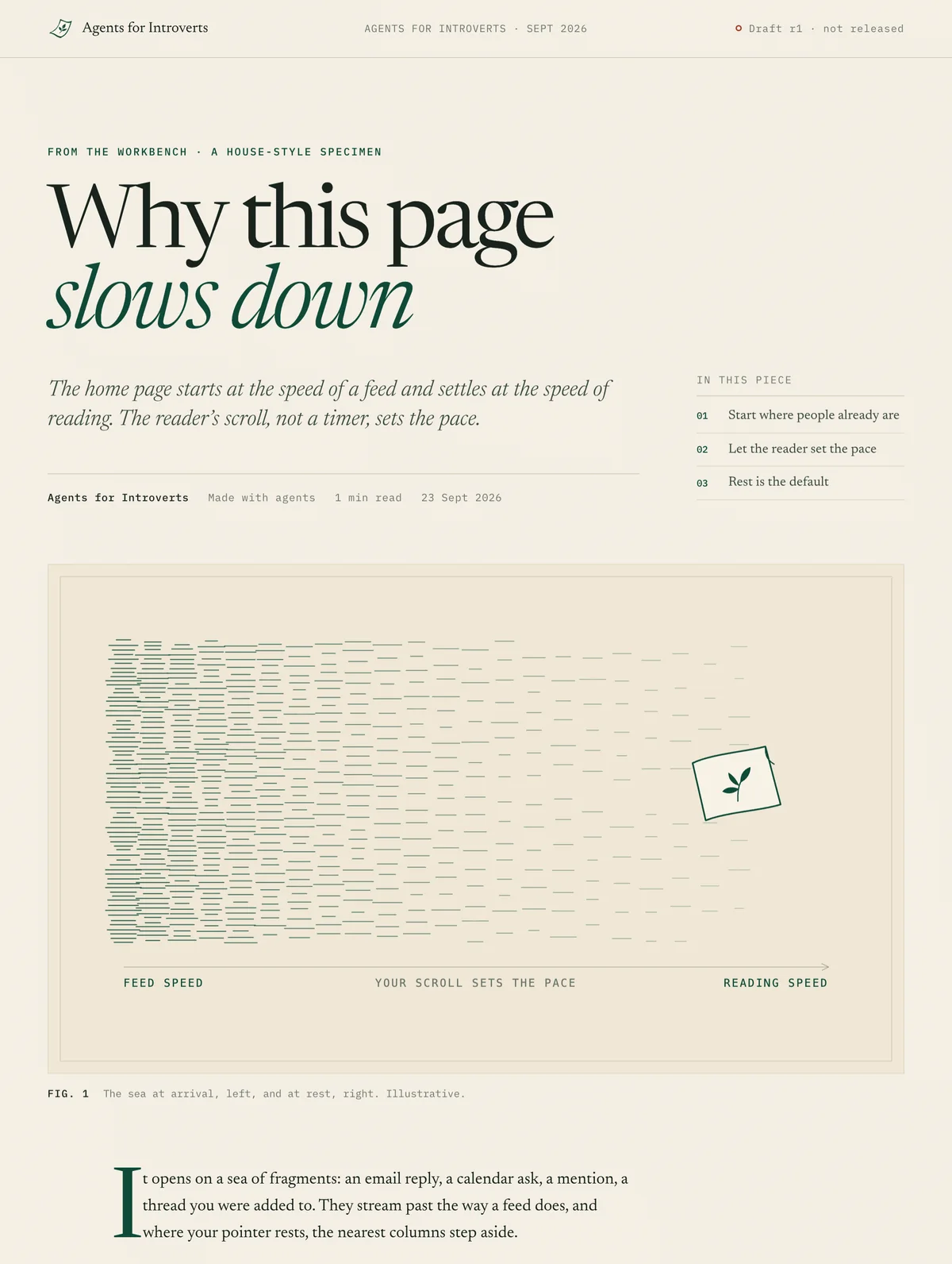 The essay set in the house style: “Why this page slows down”, its deck, a short list of contents, and a figure of a fast feed slowing to a page at rest.