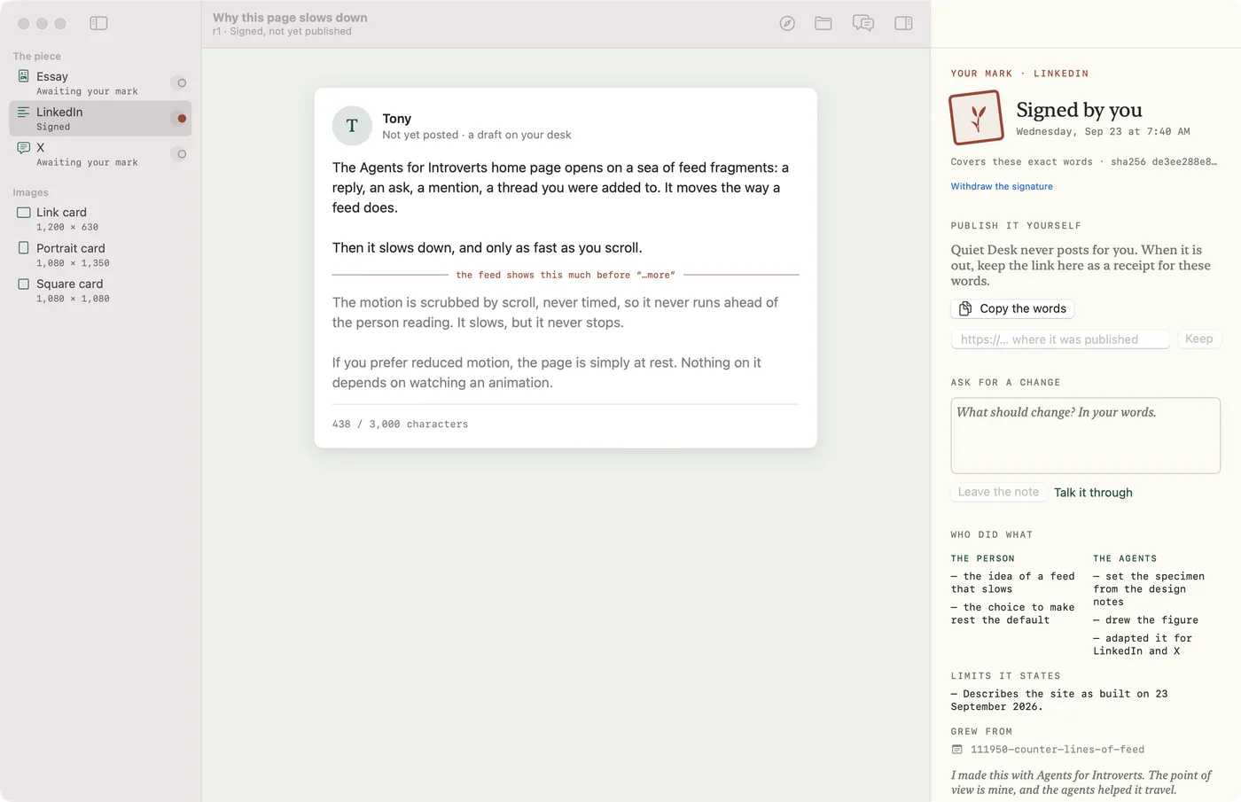 A LinkedIn draft in the piece studio, with the feed's fold marked in red beside the person's signature.