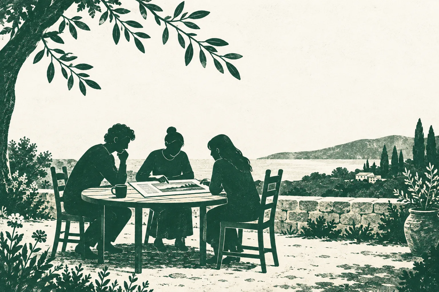 Three people gathered around a print at a quiet garden table.